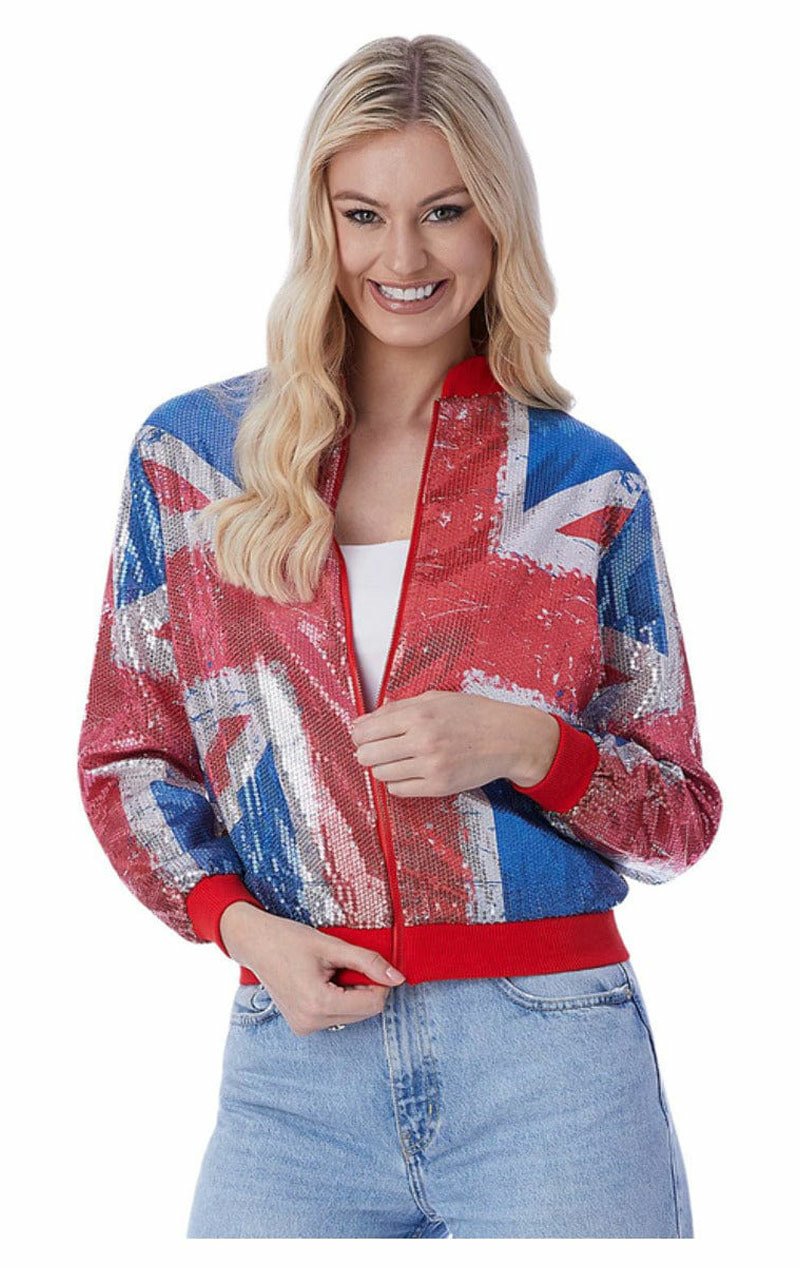 Womens Union Jack Sequin Bomber Jacket - Simply Fancy Dress