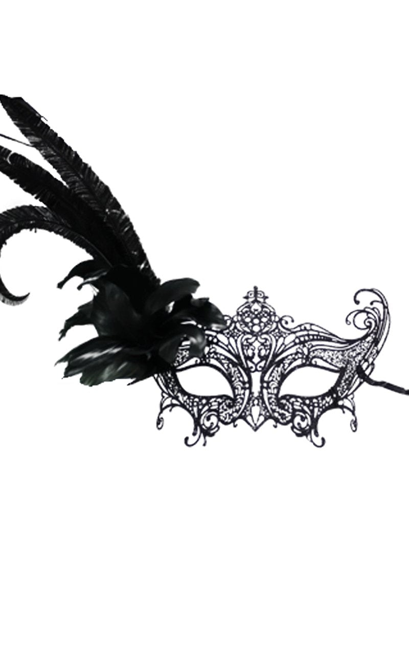 Black Metal Black Side Feather Mask - Simply Fancy Dress