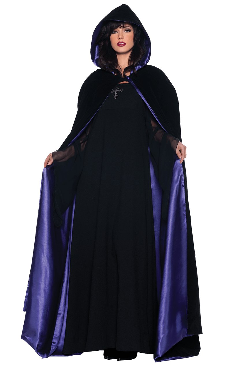 Black & Purple 63'' Velvet Satin Cloak - Simply Fancy Dress