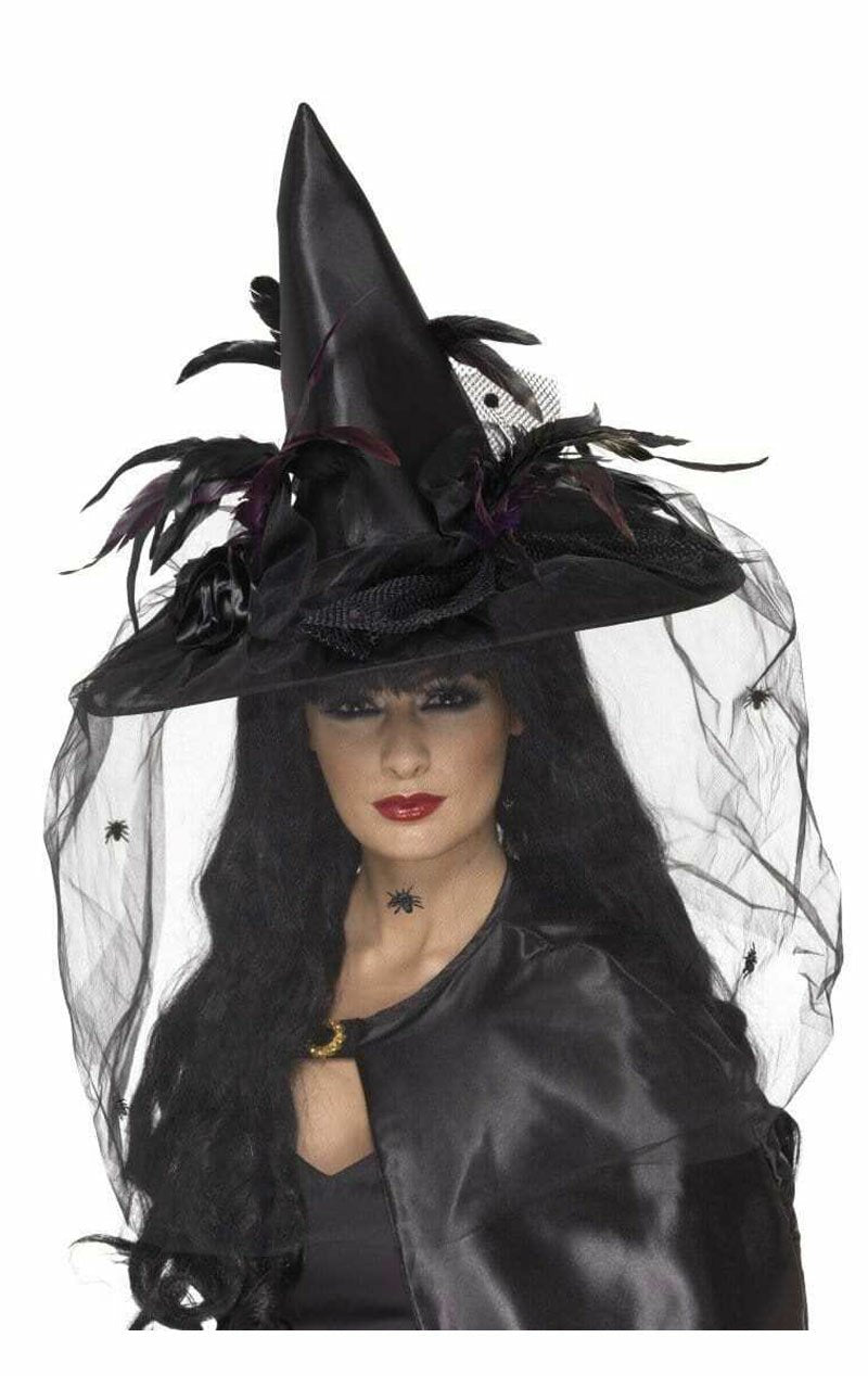 Black Spell Caster Hat with Veil - Simply Fancy Dress