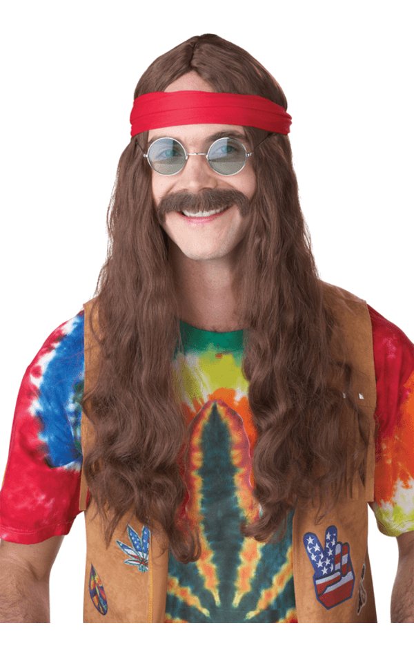 Hippie Man Wig & Moustache (Brown) - Simply Fancy Dress