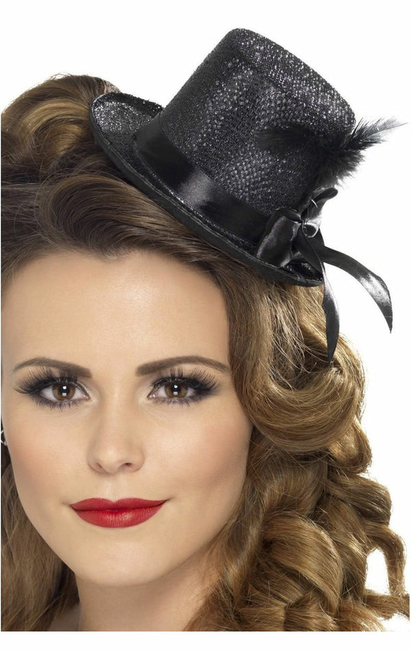 Womens Black Feather Mini Top Hat - Simply Fancy Dress